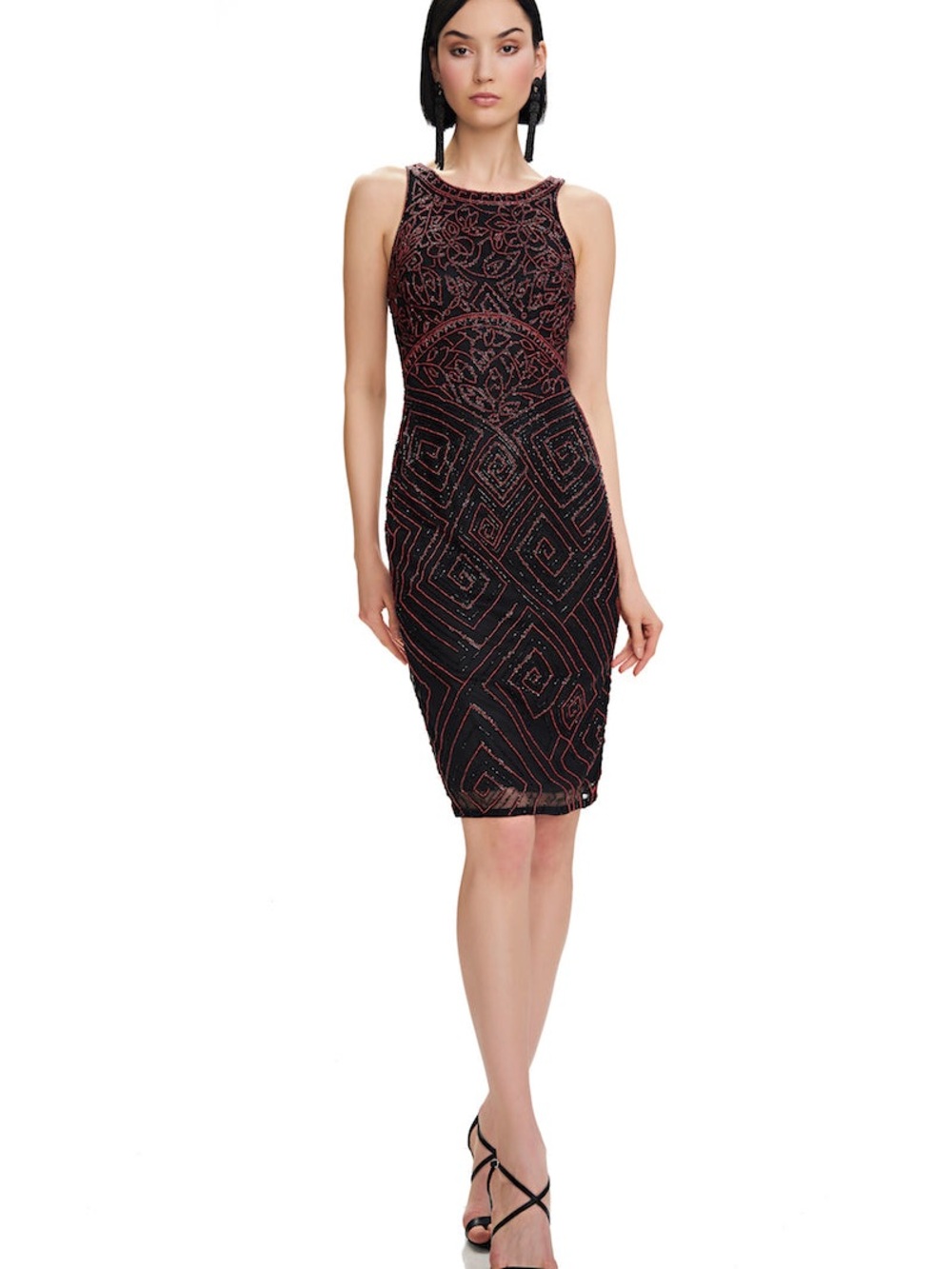 Theia Sleeveless Black & Red Beaded Sheath Dress - Size 10